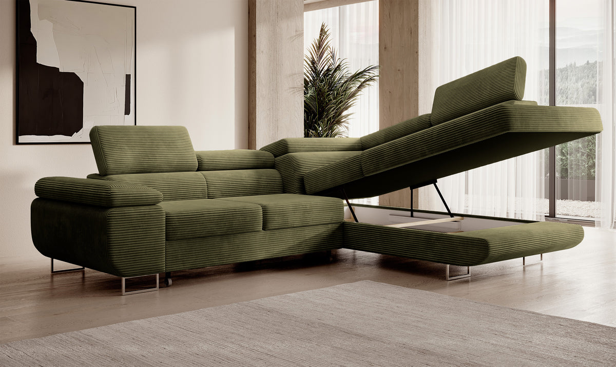 Canapé d'angle avec fonction couchage Stevil en velours côtelé olive, modèle droit avec coffre de rangement