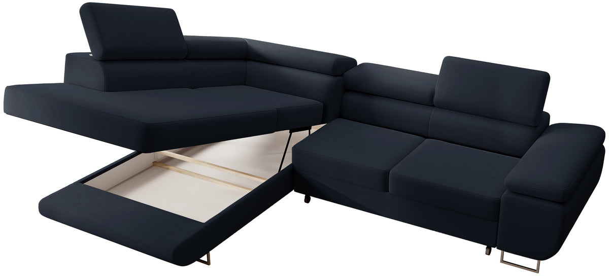 Canapé d'angle convertible Stevil en velours bleu marine facile à nettoyer avec coffre, version gauche