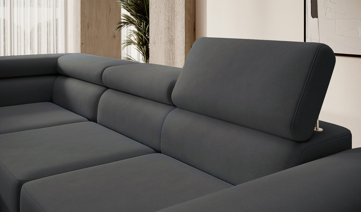 Canapé d'angle Stevil en velours gris foncé facile à nettoyer avec fonction couchage et coffre de rangement, modèle gauche