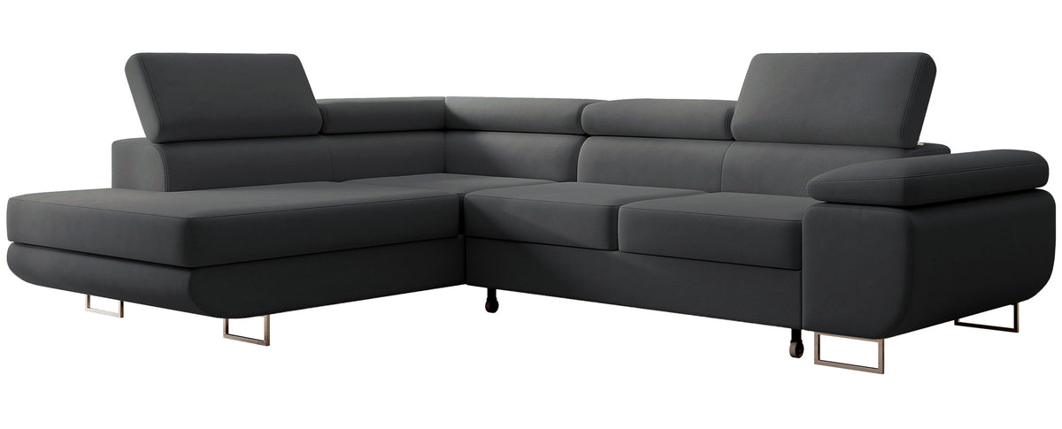 Canapé d'angle Stevil en velours gris foncé facile à nettoyer avec fonction couchage et coffre de rangement, modèle gauche