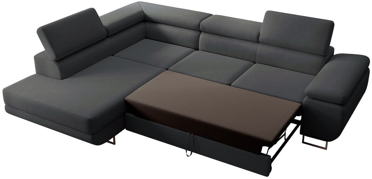 Canapé d'angle Stevil en velours gris foncé facile à nettoyer avec fonction couchage et coffre de rangement, modèle gauche