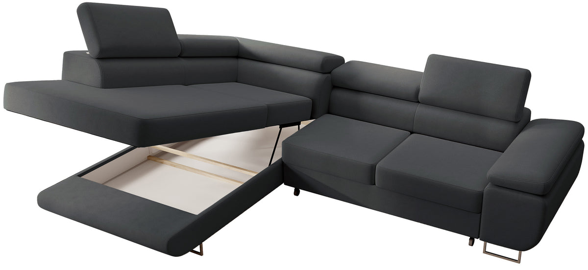 Canapé d'angle Stevil en velours gris foncé facile à nettoyer avec fonction couchage et coffre de rangement, modèle gauche