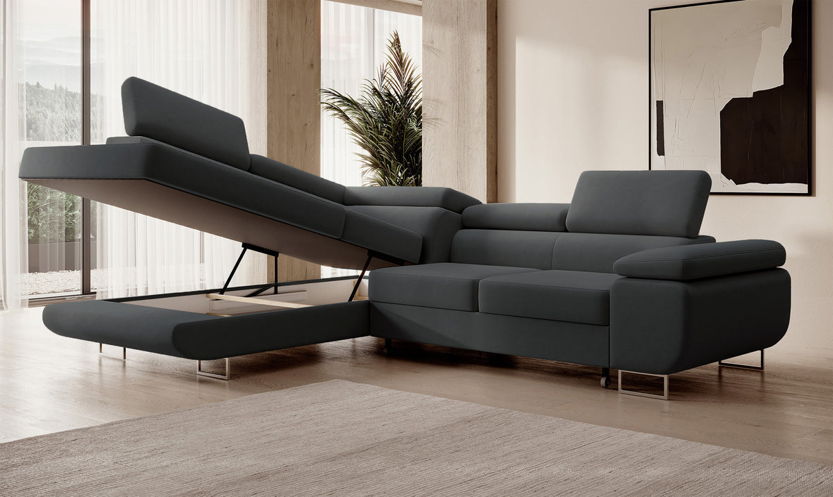 Canapé d'angle Stevil en velours gris foncé facile à nettoyer avec fonction couchage et coffre de rangement, modèle gauche