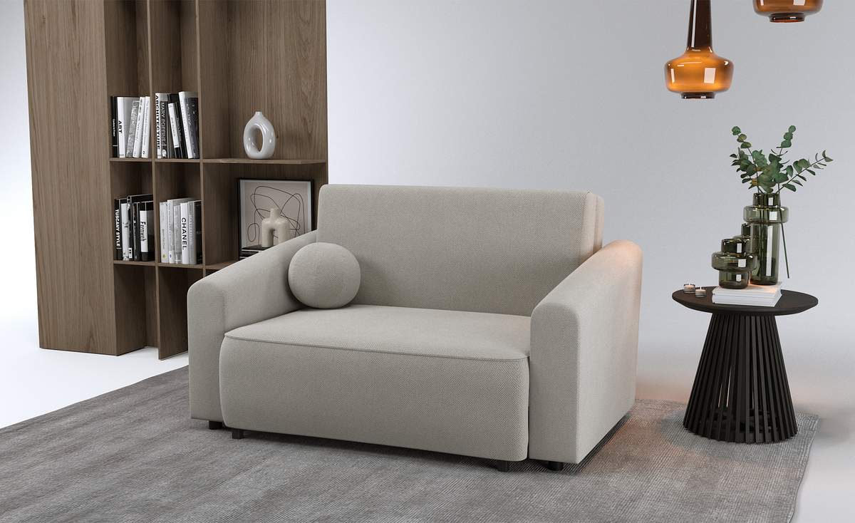 Zweisitziges ausziehbares Sofa Stevio 150 cm mit Stauraum, grau-beiger hydrophober Chenillestoff