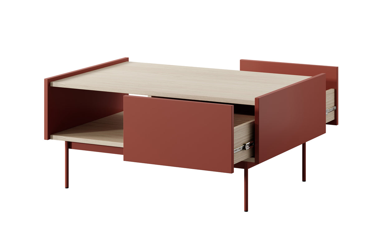 Table basse Color 97x65 cm avec tiroirs Brique / Chêne Linea