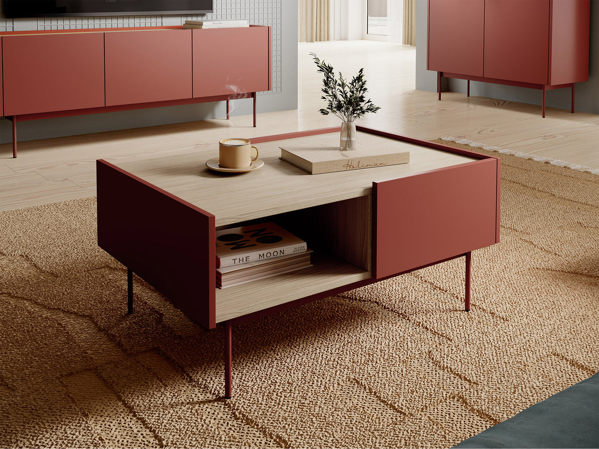 Table basse Color 97x65 cm avec tiroirs Brique / Chêne Linea