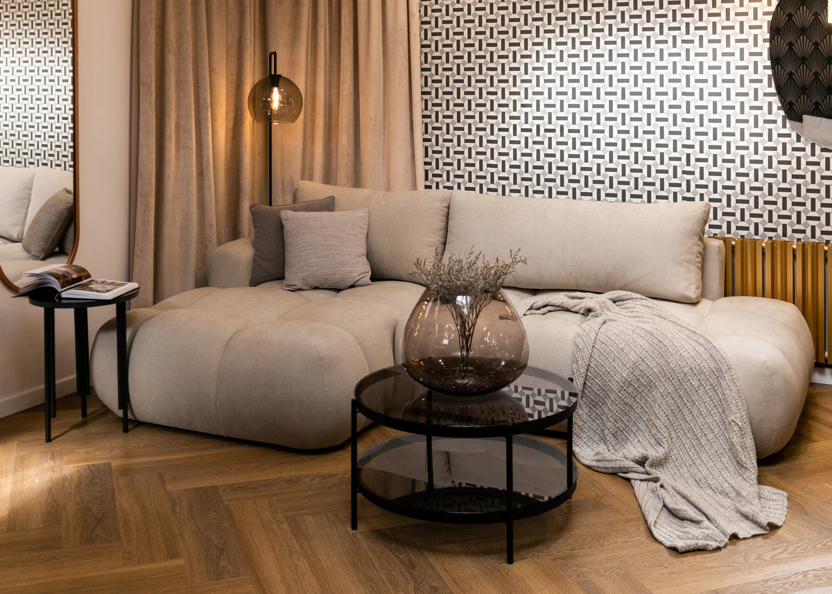 Canapé d'angle convertible Ombo beige en tissu facile d'entretien tressé avec coffre, modèle en L, côté gauche