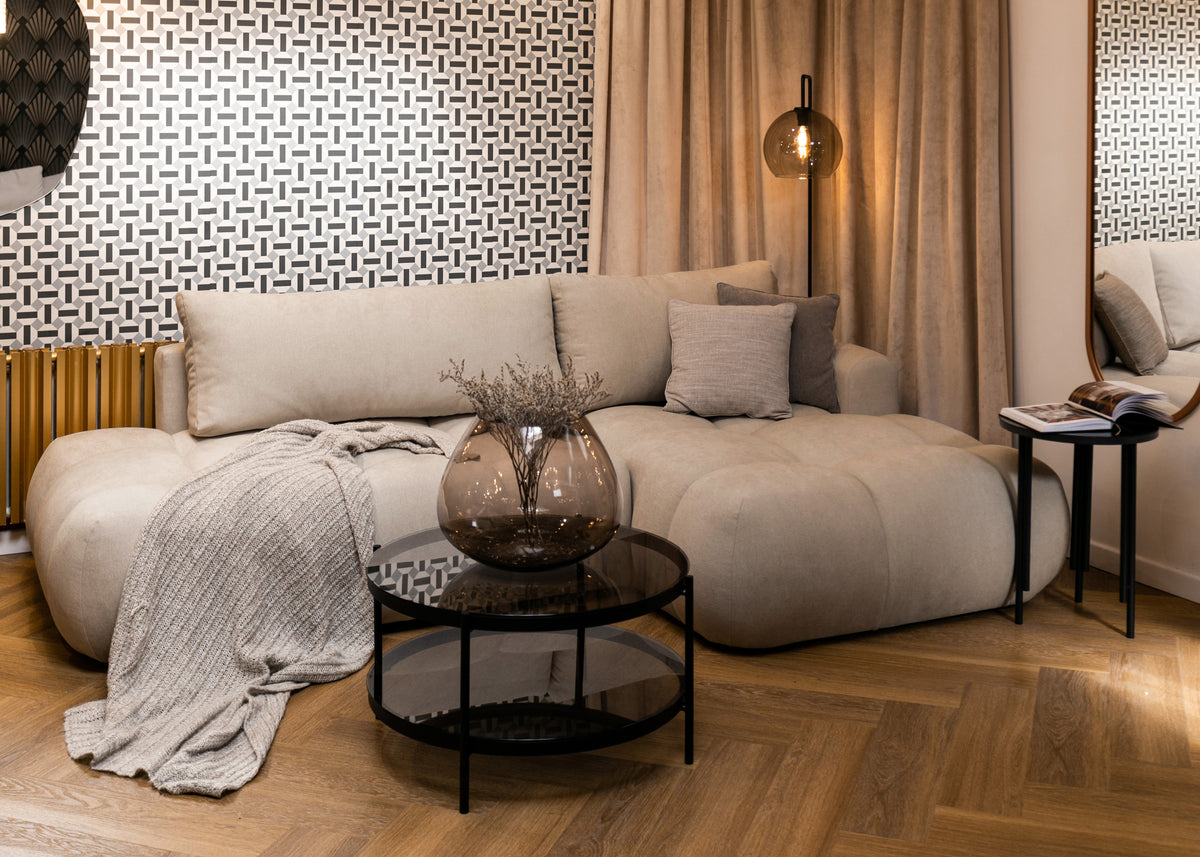 Canapé d'angle convertible Ombo beige en tissu tissé facile d'entretien avec coffre, angle droit