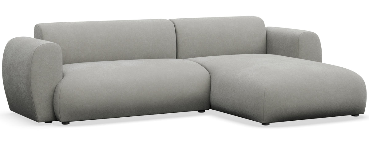 Canapé d'angle droit Emia avec fonction couchage, en tissu chenille gris clair facile à nettoyer