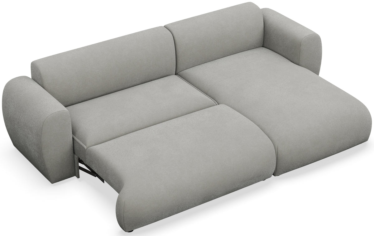 Canapé d'angle droit Emia avec fonction couchage, en tissu chenille gris clair facile à nettoyer