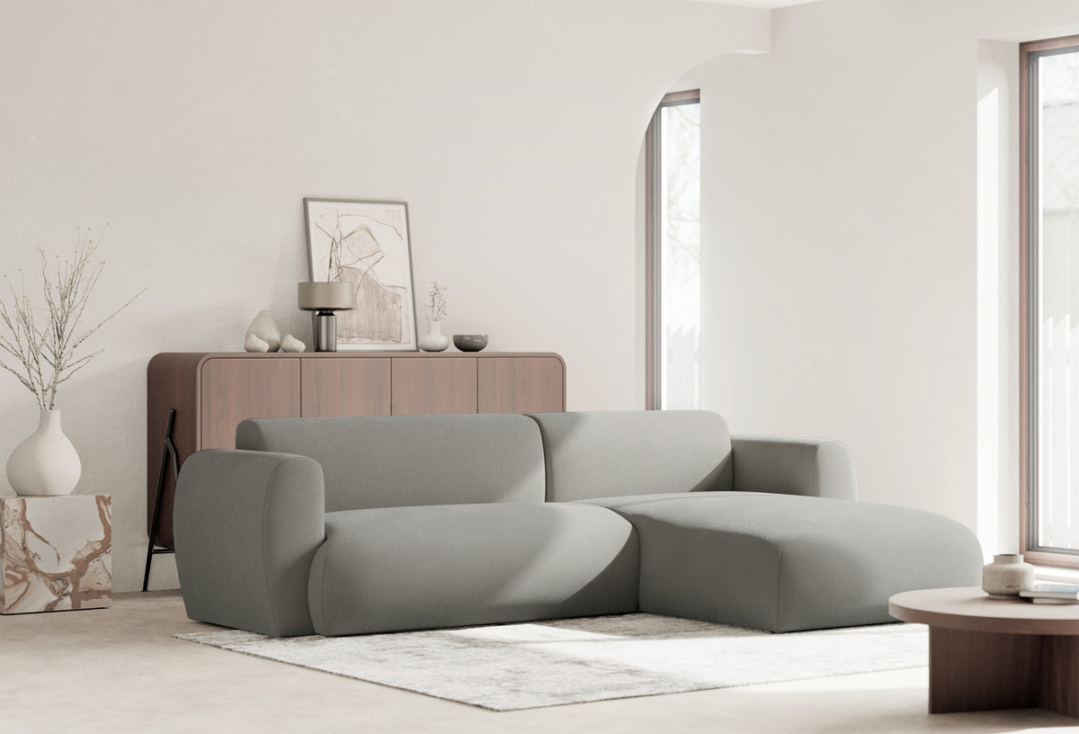 Canapé d'angle droit Emia avec fonction couchage, en tissu chenille gris clair facile à nettoyer