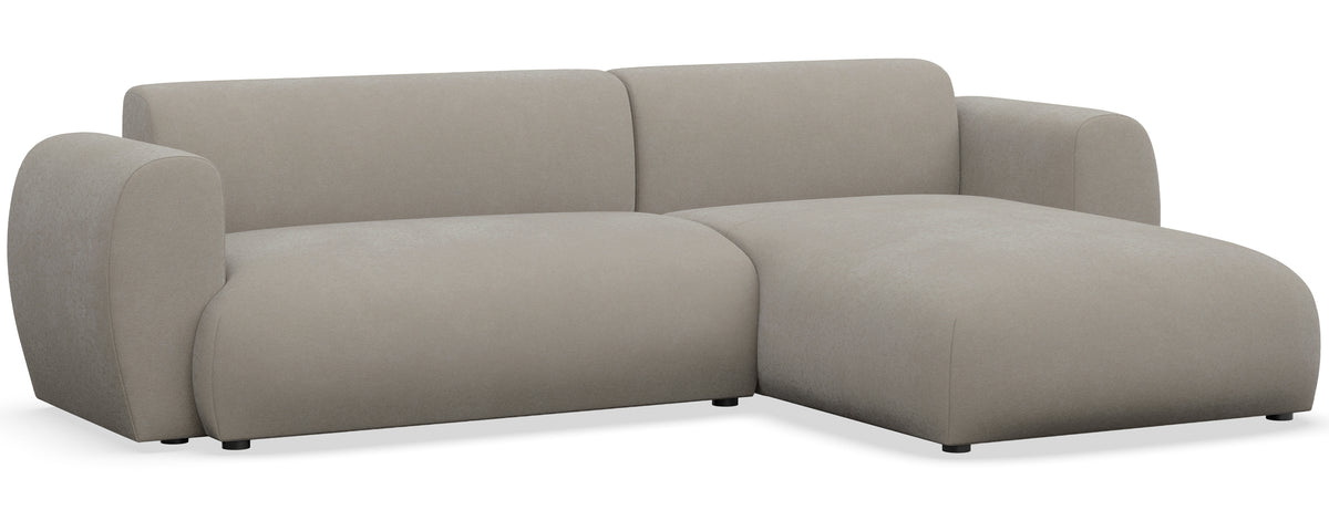 Canapé d'angle droit Emia avec fonction couchage, en tissu chenille gris-beige facile d'entretien