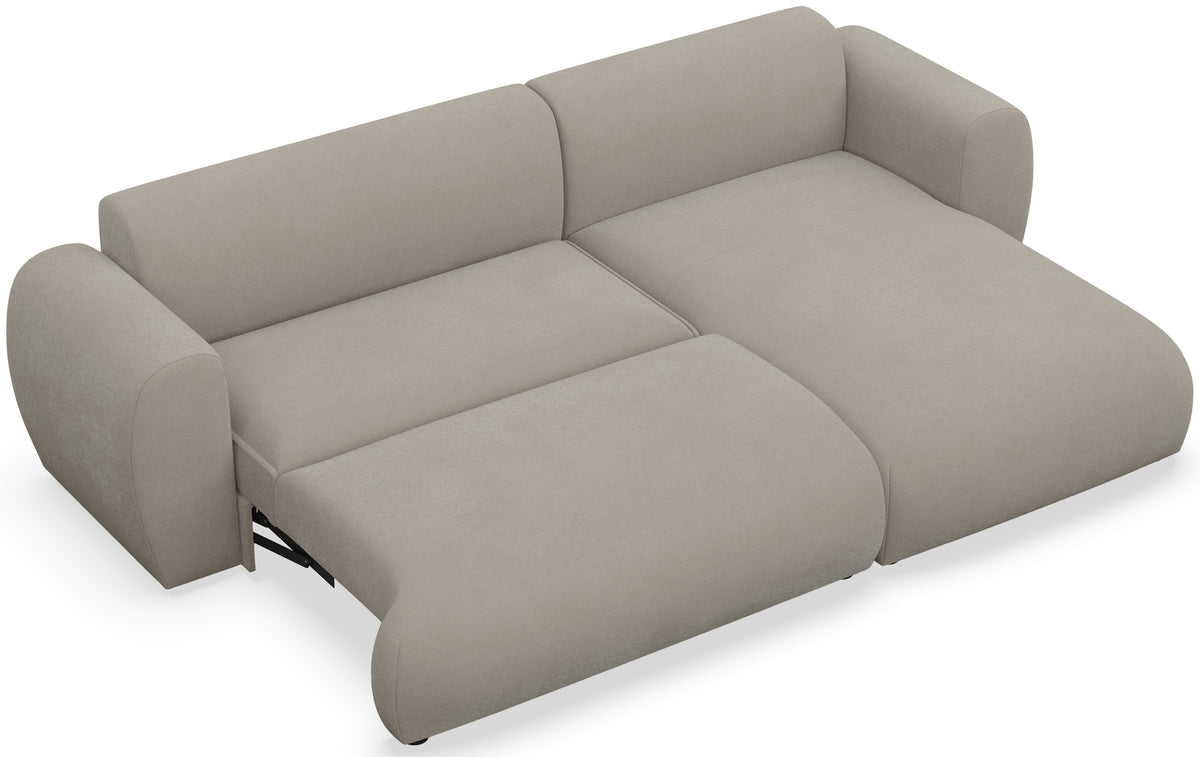 Canapé d'angle droit Emia avec fonction couchage, en tissu chenille gris-beige facile d'entretien