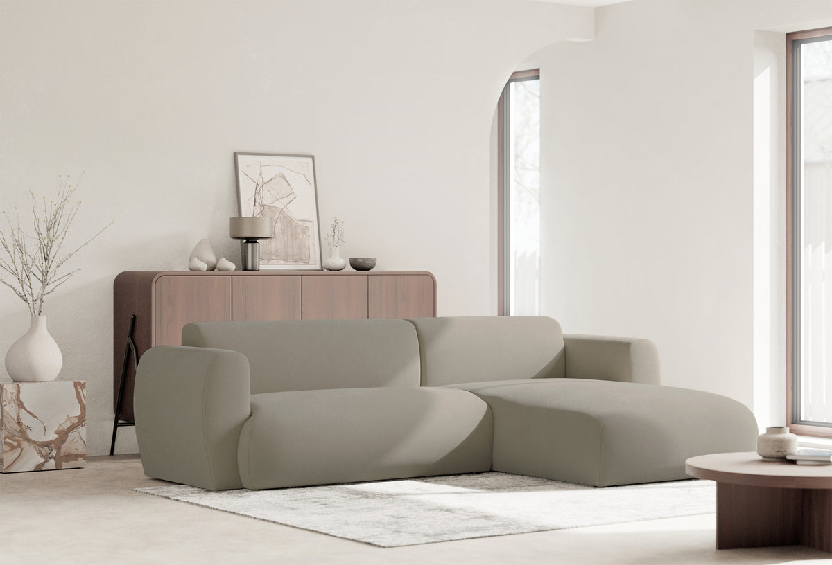 Canapé d'angle droit Emia avec fonction couchage, en tissu chenille gris-beige facile d'entretien