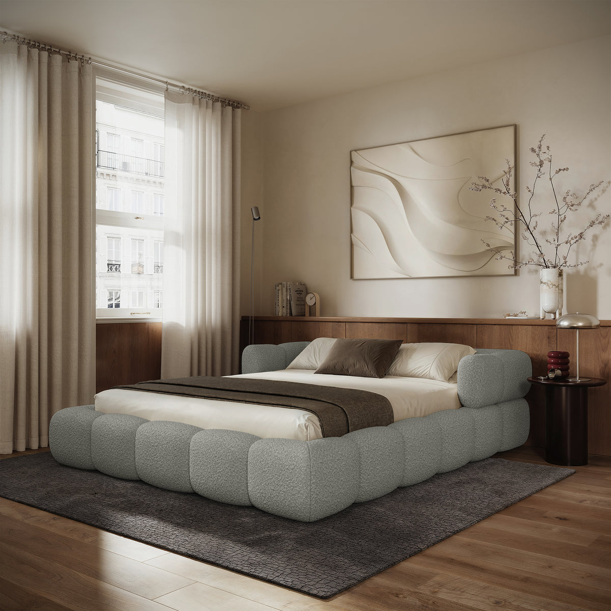 Lit tapissé 120x200 cm Stormi avec sommier enroulable en chenille gris clair