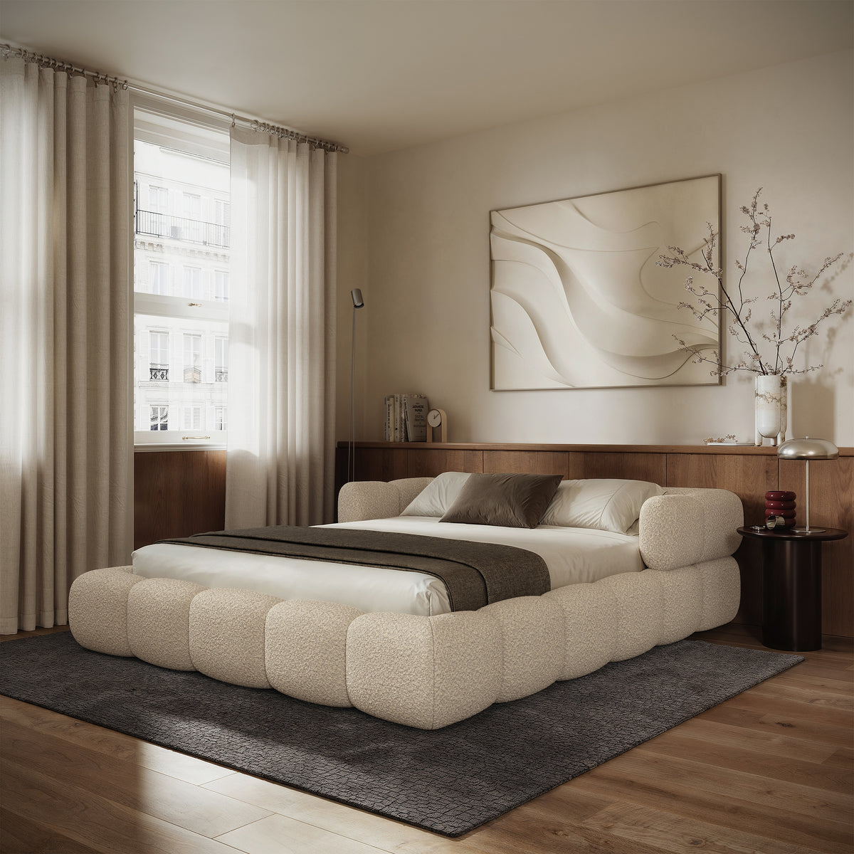 Polsterbett 140x200 cm Stormi mit Rollrost, cremefarbener Chenille