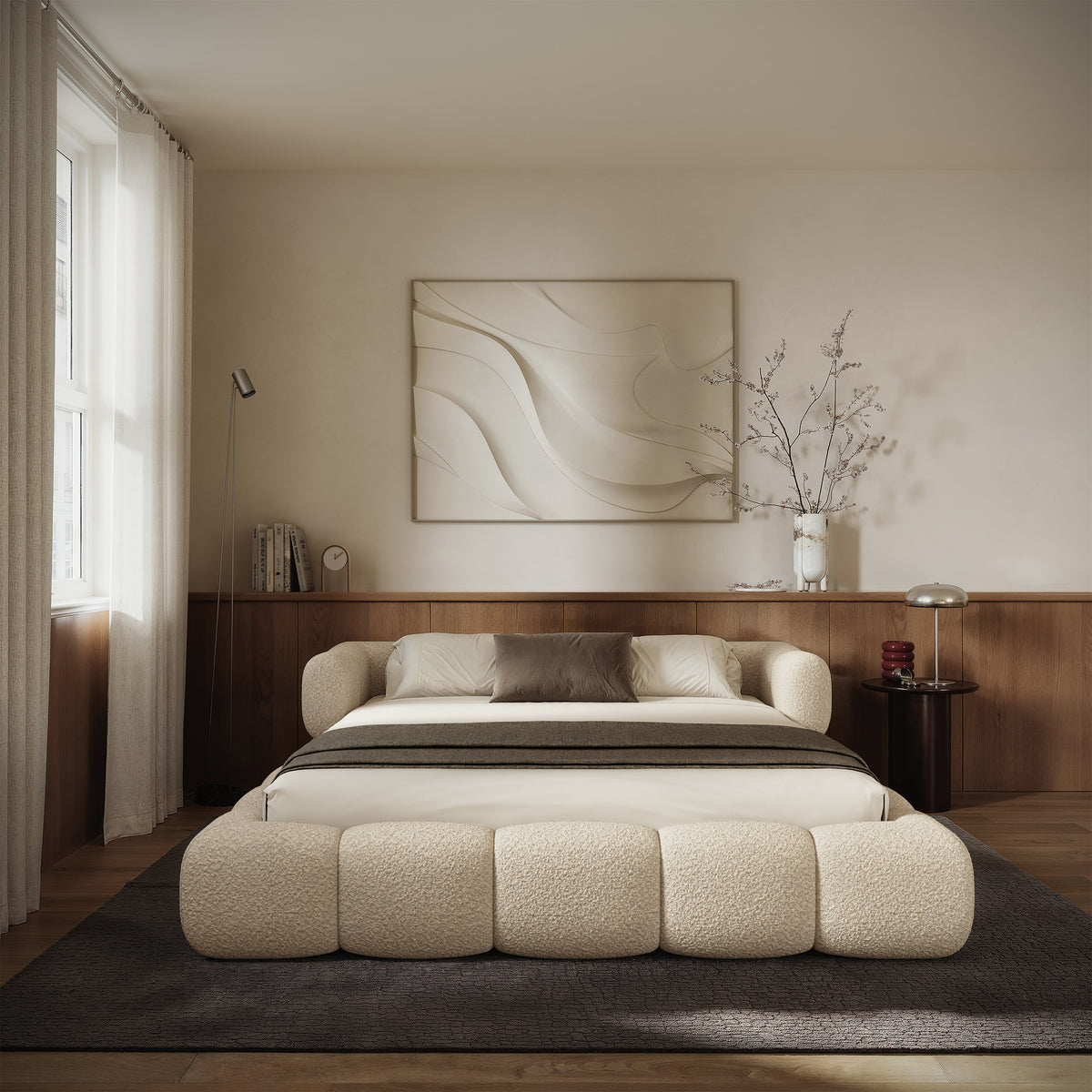 Polsterbett 140x200 cm Stormi mit Rollrost, cremefarbener Chenille