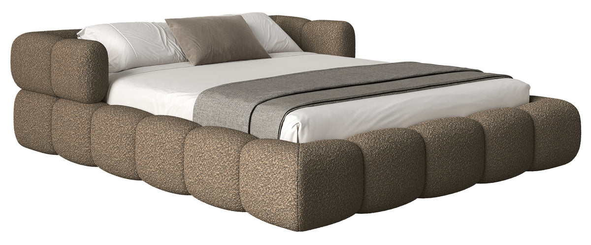 Upholstered bed 200x200 cm Stormi mit Stauraum, Metallrahmen, hellbrauner Chenille