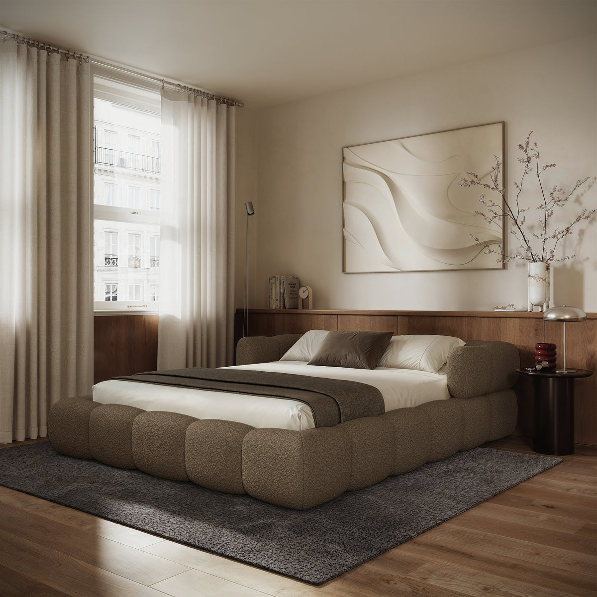 Polsterbett 180x200 cm Stormi mit Rollrost, hellbrauner Chenillestoff