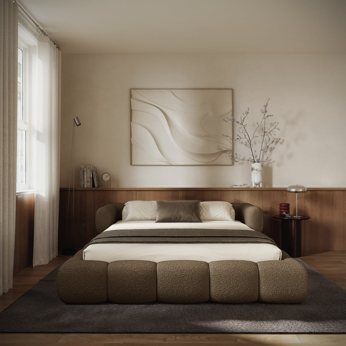 Upholstered bed 200x200 cm Stormi mit Stauraum, Metallrahmen, hellbrauner Chenille
