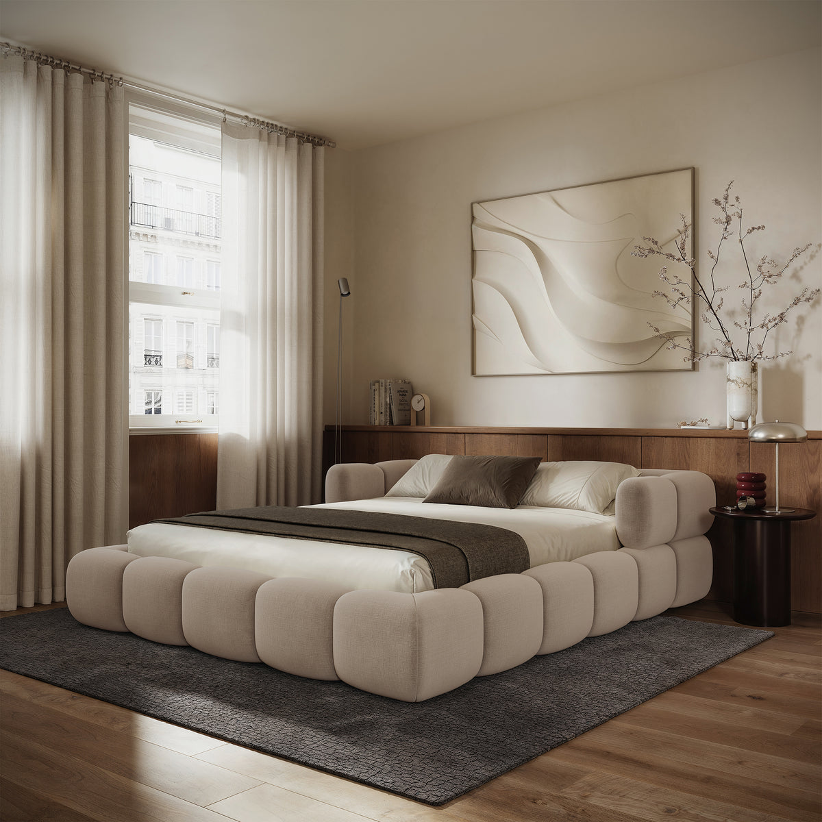Upholstered bed 120x200 cm Stormi, rollable frame, beige chenille, hydrophobic, easy-clean