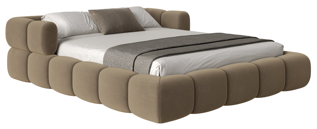 Lit tapissé 160x200 cm Stormi, sommier enroulable, tissu chenille hydrofuge beige clair, facile à nettoyer