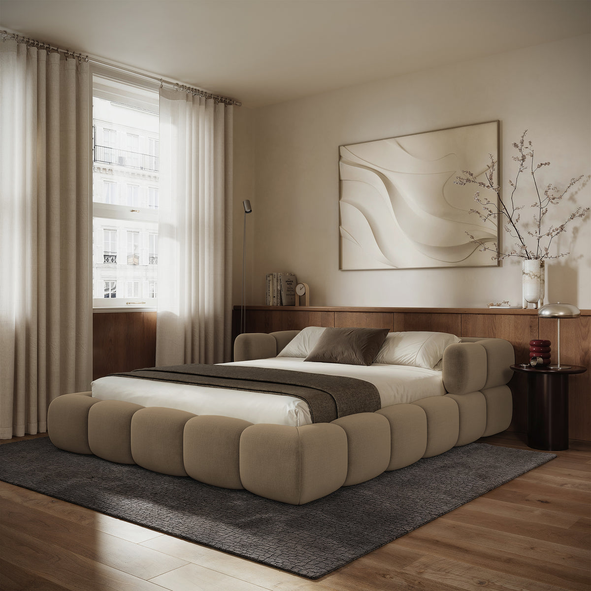 Lit tapissé 160x200 cm Stormi, sommier enroulable, tissu chenille hydrofuge beige clair, facile à nettoyer