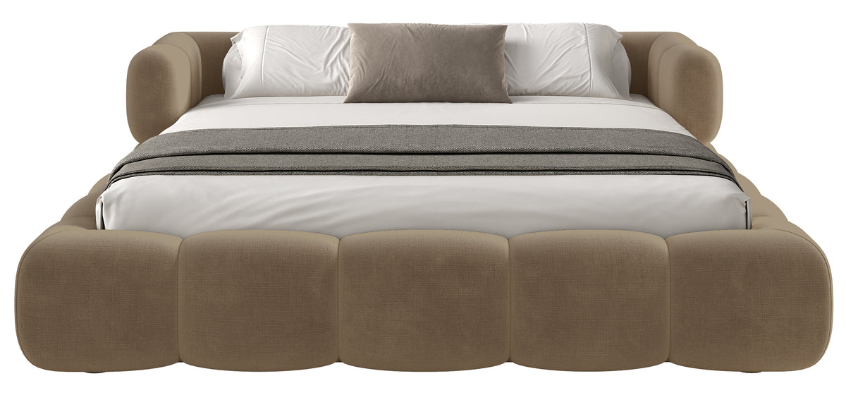 Lit tapissé 160x200 cm Stormi, sommier enroulable, tissu chenille hydrofuge beige clair, facile à nettoyer