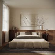 Lit tapissé 160x200 cm Stormi, sommier enroulable, tissu chenille hydrofuge beige clair, facile à nettoyer