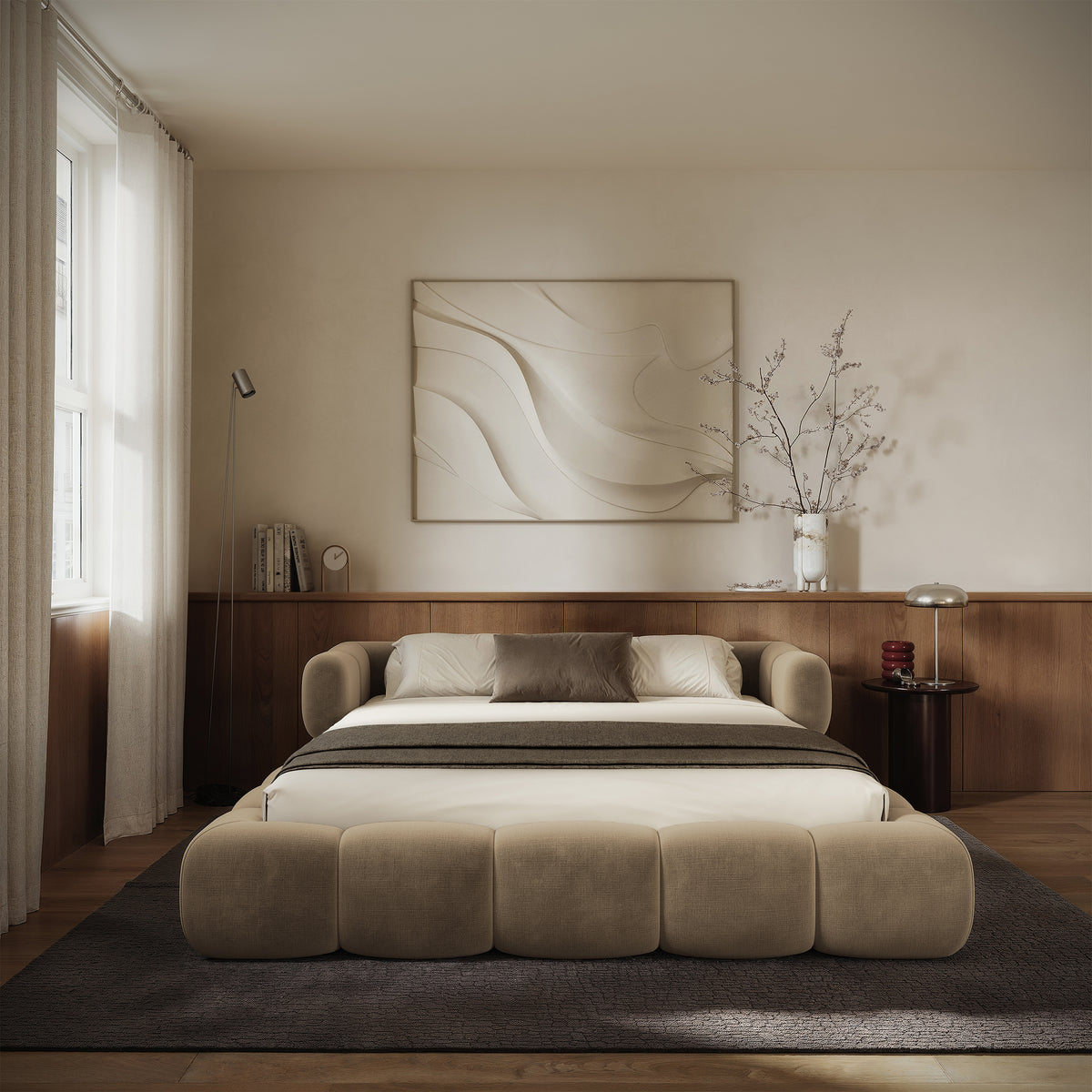 Lit tapissé 160x200 cm Stormi, sommier enroulable, tissu chenille hydrofuge beige clair, facile à nettoyer
