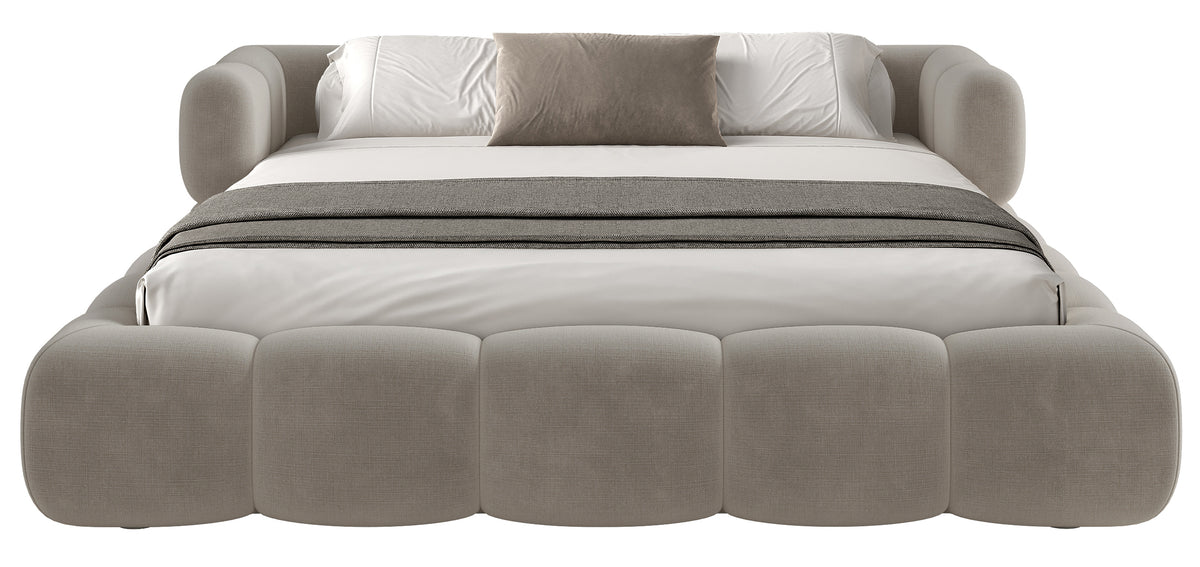 Upholstered bed 180x200 cm Stormi, roll-up frame, light grey chenille, hydrophobic and easy-clean