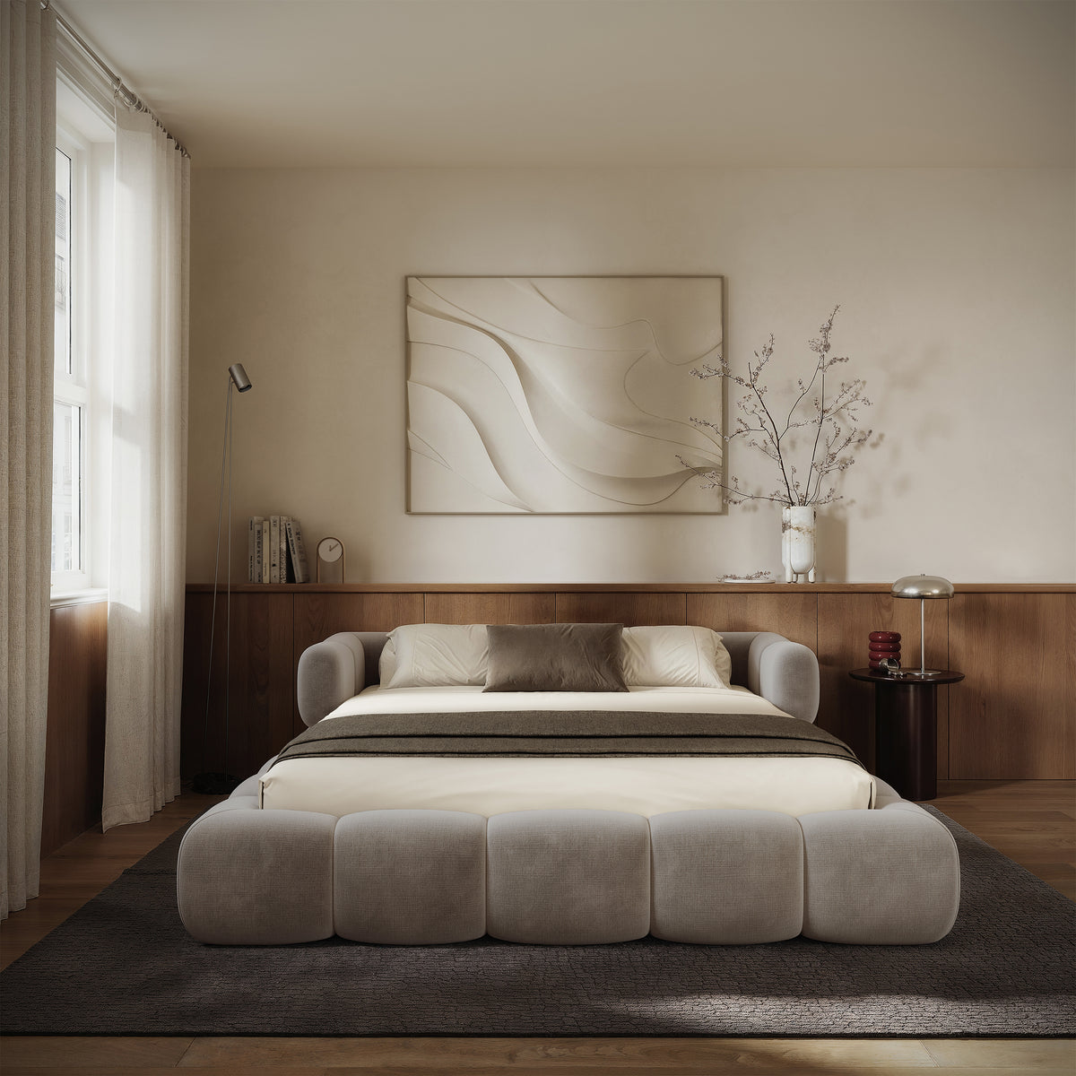 Upholstered bed 180x200 cm Stormi, roll-up frame, light grey chenille, hydrophobic and easy-clean