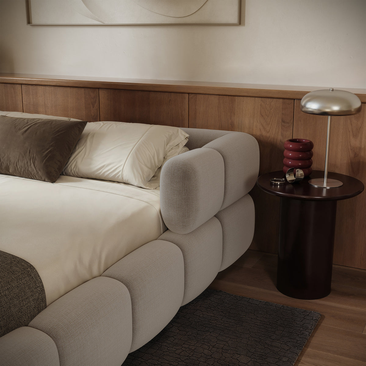 Upholstered bed 180x200 cm Stormi, roll-up frame, light grey chenille, hydrophobic and easy-clean