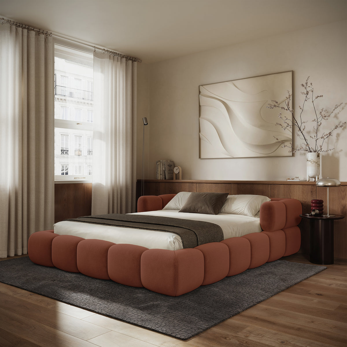 Lit tapissé 160x200 cm Stormi avec rangement, cadre métallique, chenille hydrofuge cuivre facile à nettoyer