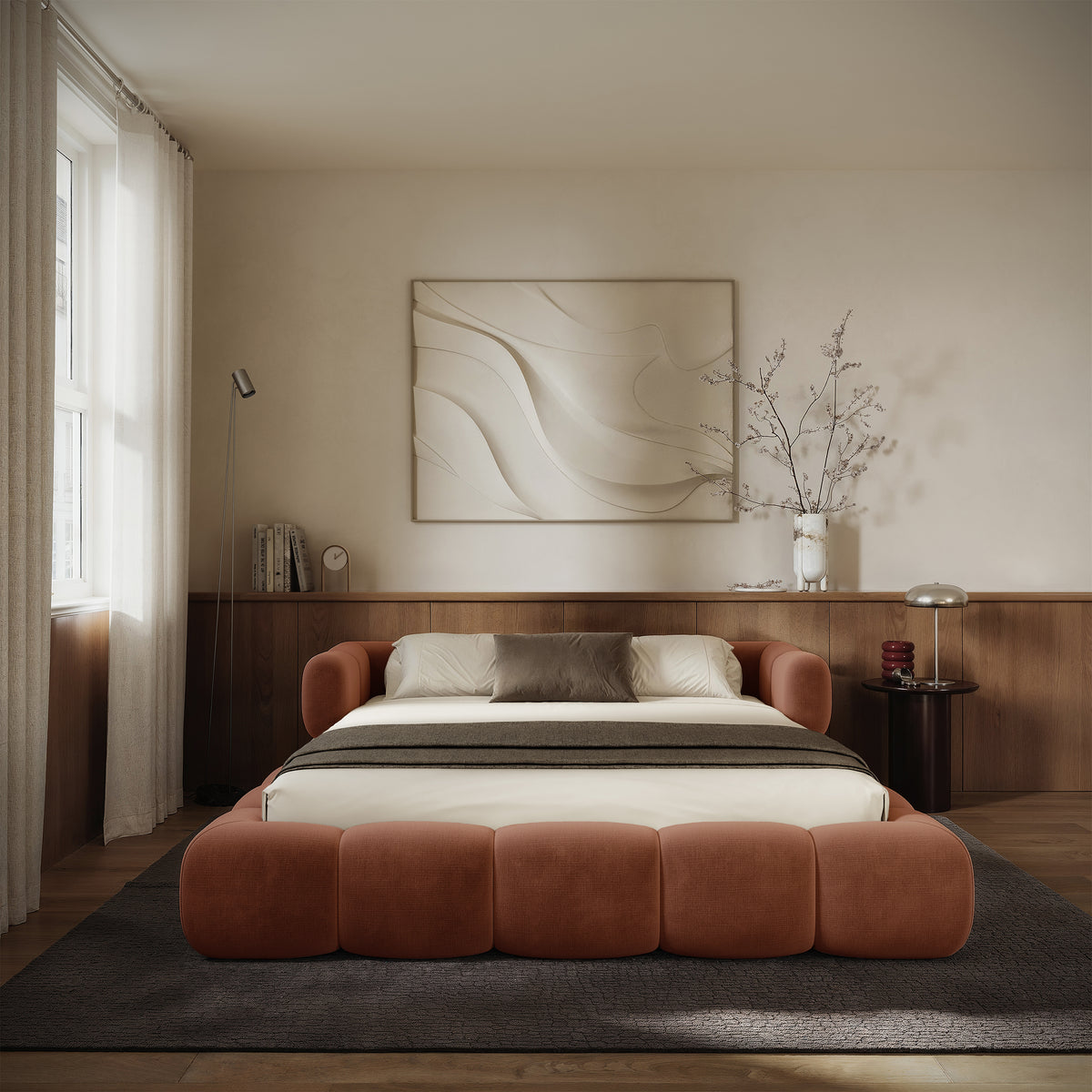 Lit tapissé 160x200 cm Stormi avec rangement, cadre métallique, chenille hydrofuge cuivre facile à nettoyer