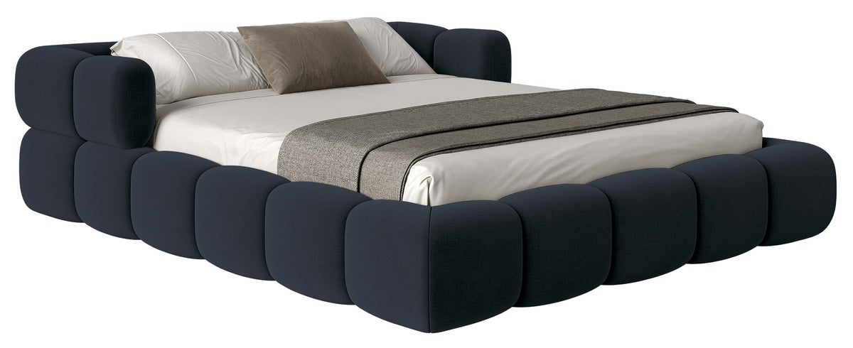 Upholstered bed 200x200 cm Stormi with storage, metal frame, navy blue hydrophobic chenille, easy to clean