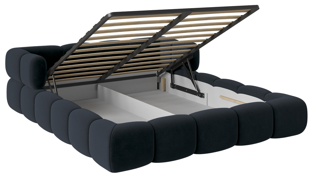 Upholstered bed 140x200 cm Stormi with storage, metal frame, navy blue hydrophobic chenille, easy-clean