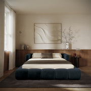 Upholstered bed 140x200 cm Stormi rollable frame navy chenille hydrophobic easy-clean