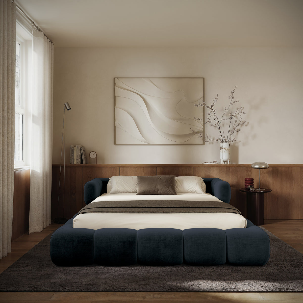 Upholstered bed 200x200 cm Stormi with storage, metal frame, navy blue hydrophobic chenille, easy to clean