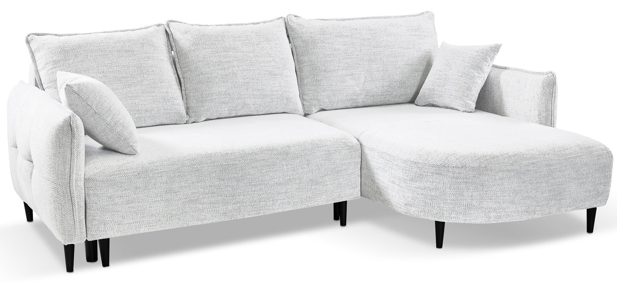 Ecksofa mit Schlaffunktion Oblivio Mini, L-förmig, rechtsseitig, mit Stauraum, weißes Geflecht