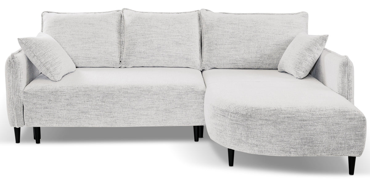 Canapé d'angle Oblivio mini en L, droit, avec fonction couchage et coffre de rangement, blanc tressé
