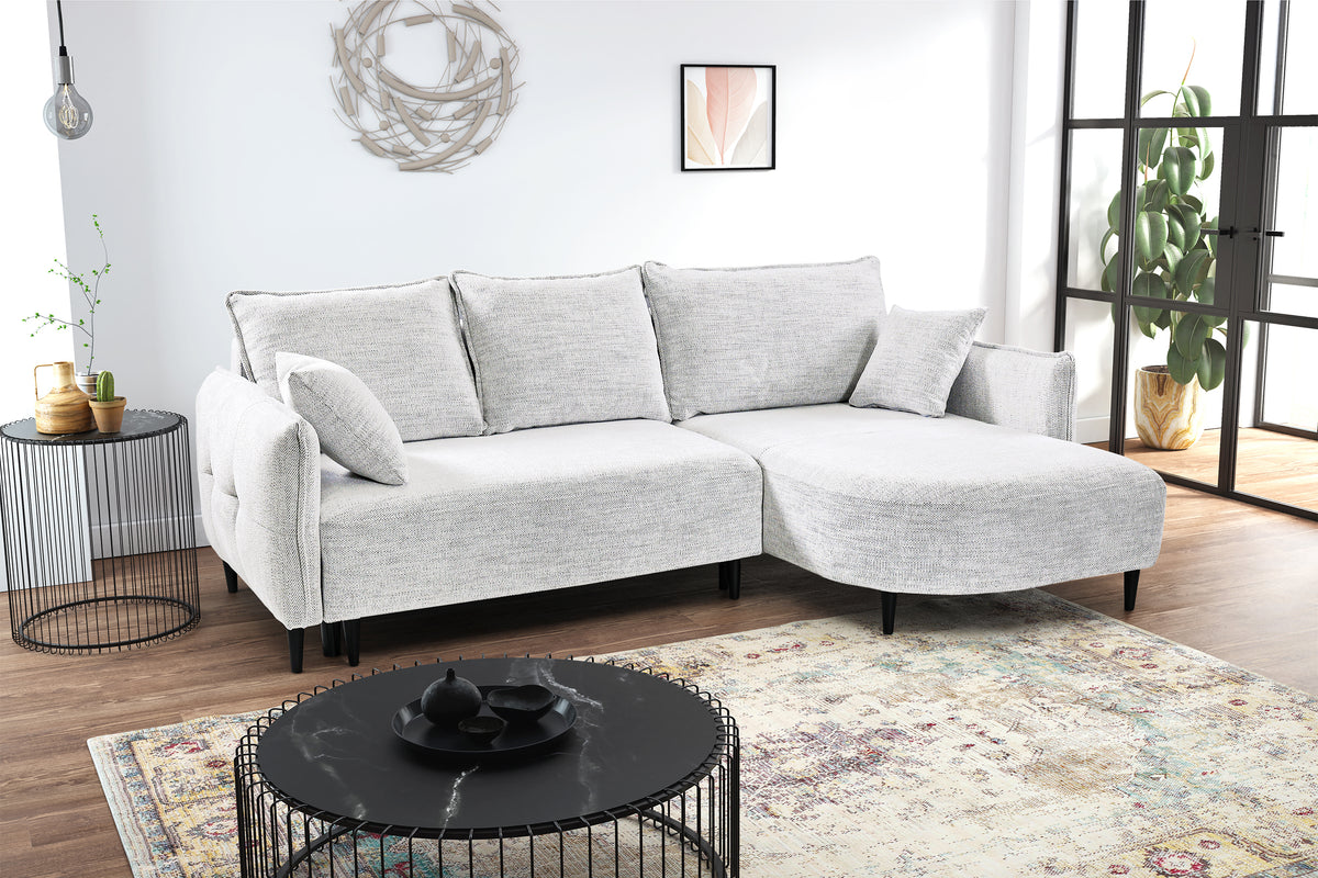 Canapé d'angle Oblivio mini en L, droit, avec fonction couchage et coffre de rangement, blanc tressé
