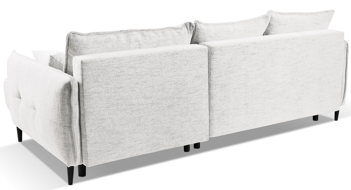 Ecksofa mit Schlaffunktion Oblivio Mini, L-förmig, rechtsseitig, mit Stauraum, weißes Geflecht
