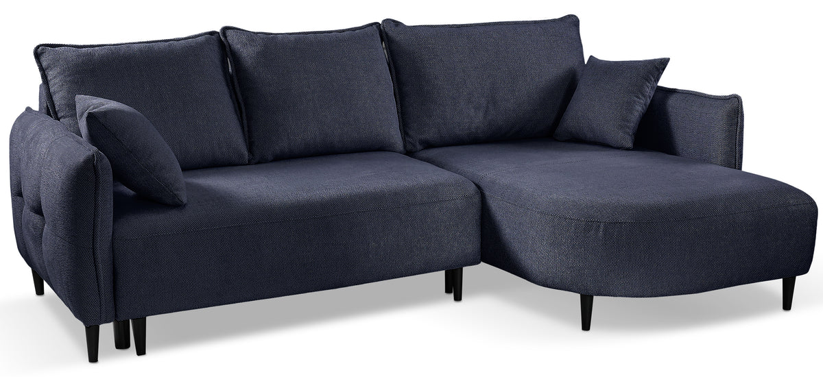 Canapé d'angle Oblivio mini en L droit avec fonction couchage et coffre, tissage bleu marine