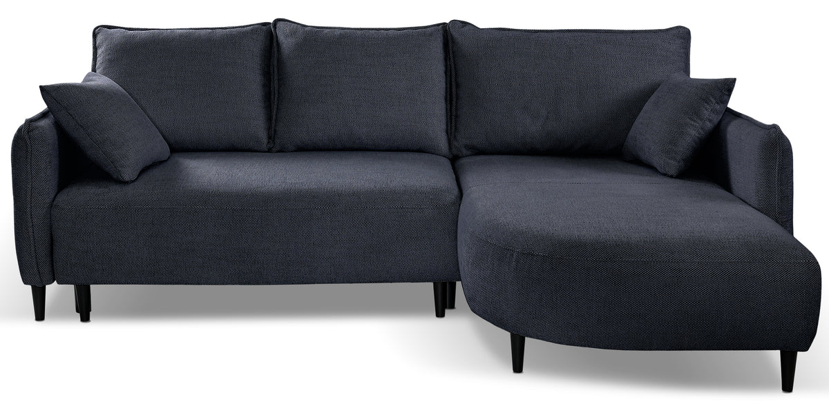Canapé d'angle Oblivio mini en L droit avec fonction couchage et coffre, tissage bleu marine