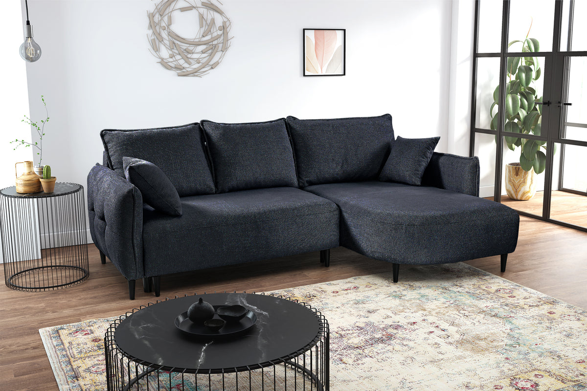Canapé d'angle Oblivio mini en L droit avec fonction couchage et coffre, tissage bleu marine