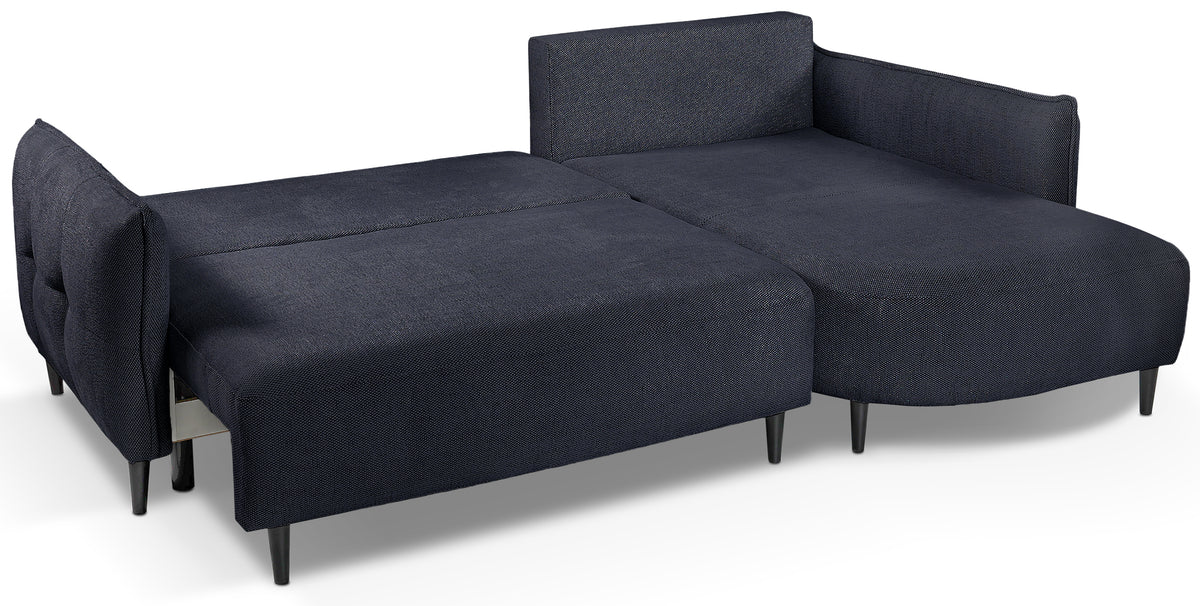 Canapé d'angle Oblivio mini en L droit avec fonction couchage et coffre, tissage bleu marine