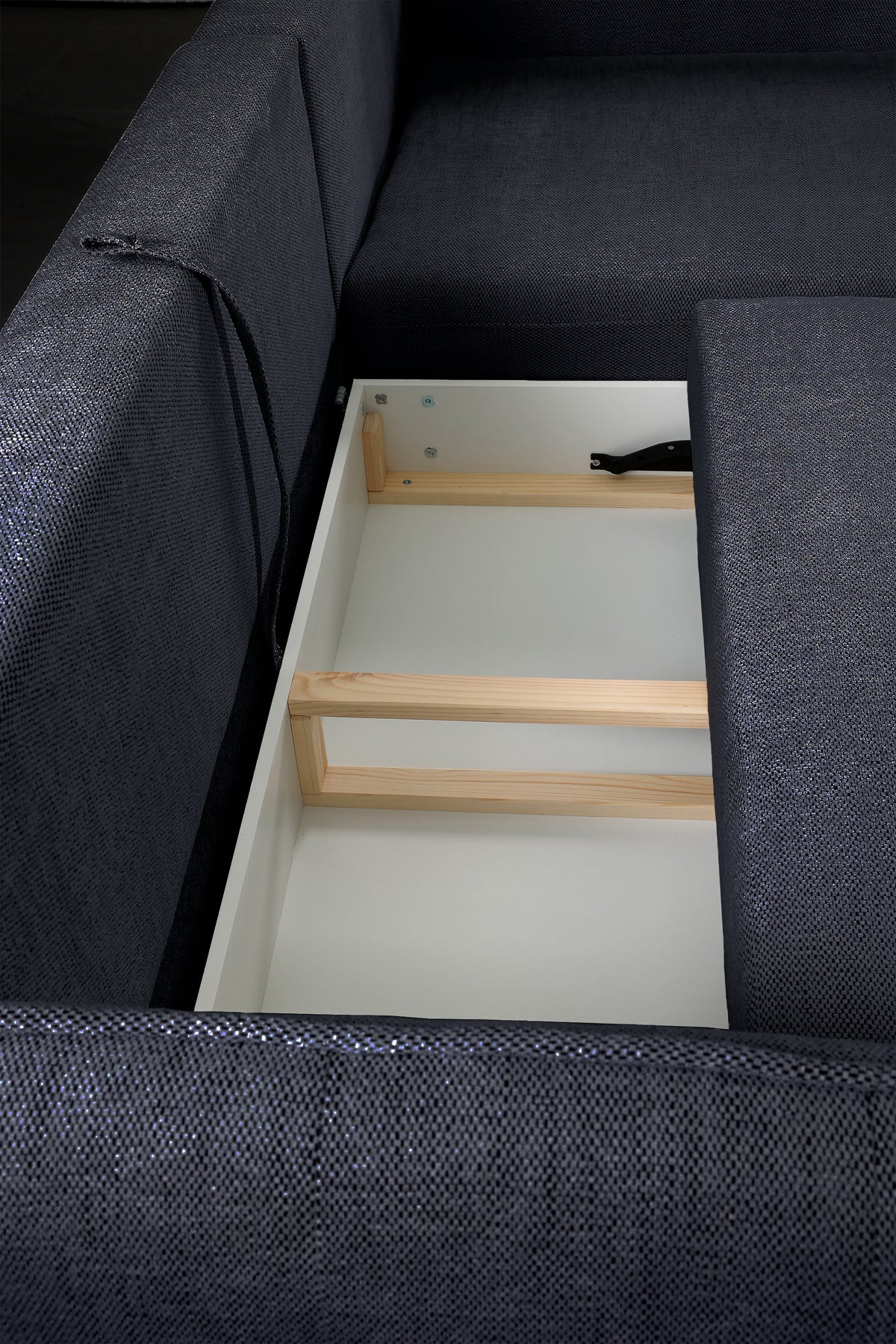 Canapé d'angle Oblivio mini en L droit avec fonction couchage et coffre, tissage bleu marine