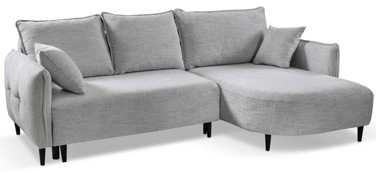 Ecksofa mit Schlaffunktion Oblivio Mini, L-förmig, rechtsseitig, mit Stauraum, hellgrauer Flechtstoff