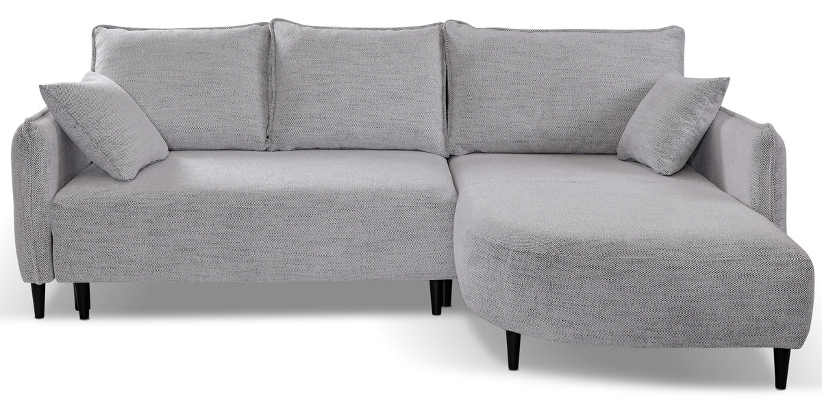 Canapé d'angle avec fonction couchage Oblivio mini en L, côté droit, avec coffre, gris clair tressé